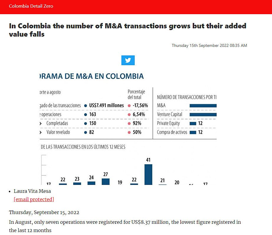 In Colombia the number of M&A transactions grows but their added value falls